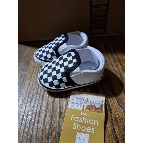 New 0-6 Month Size 1 Haozay Black White Checkered Canvas Elastic Slip On Shoes - Picture 5 of 6